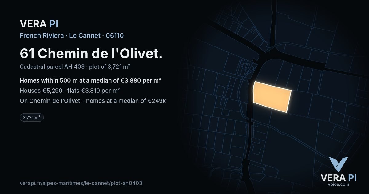 61 Chemin de l'Olivet, Le Cannet at night – the plot lit, the parcels around coloured by the prices near them