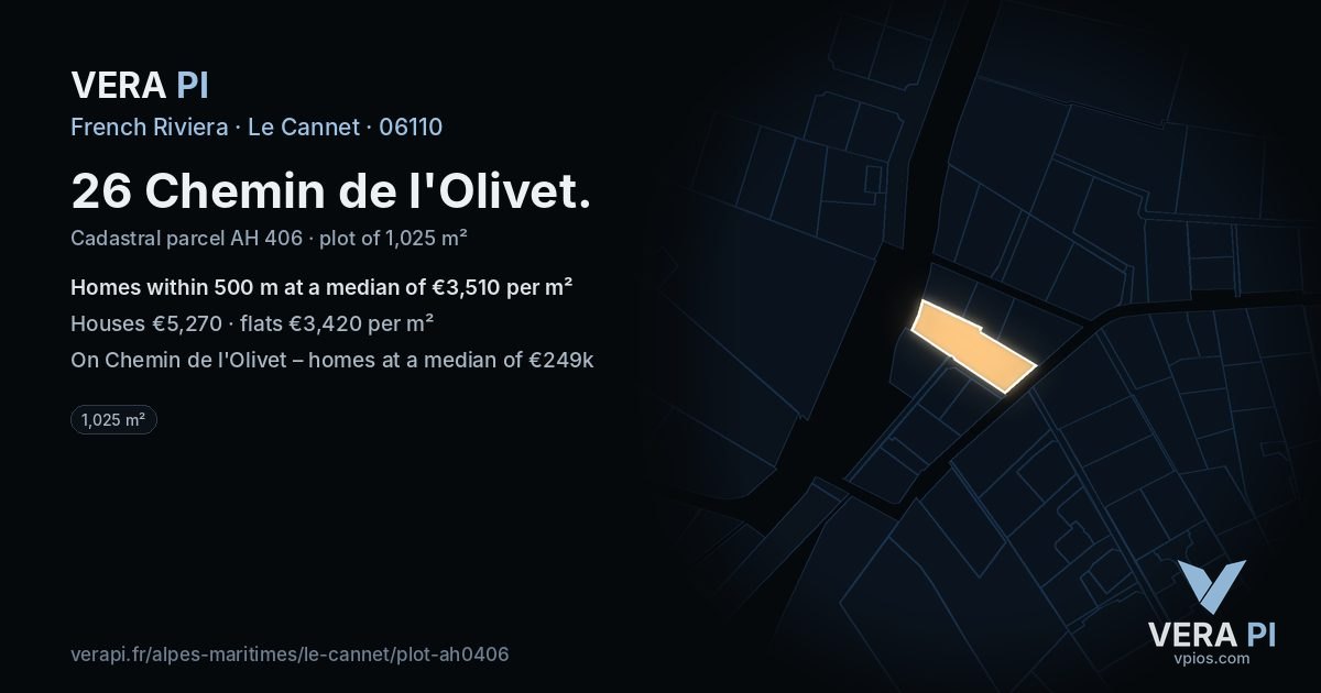 26 Chemin de l'Olivet, Le Cannet at night – the plot lit, the parcels around coloured by the prices near them