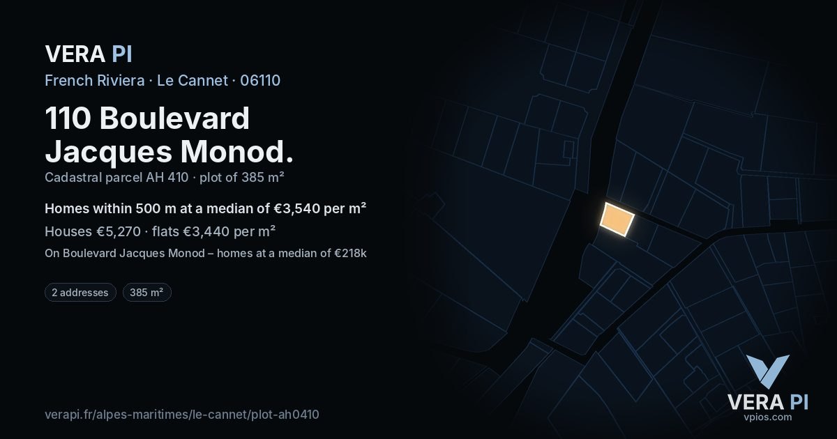 110 Boulevard Jacques Monod, Le Cannet at night – the plot lit, the parcels around coloured by the prices near them