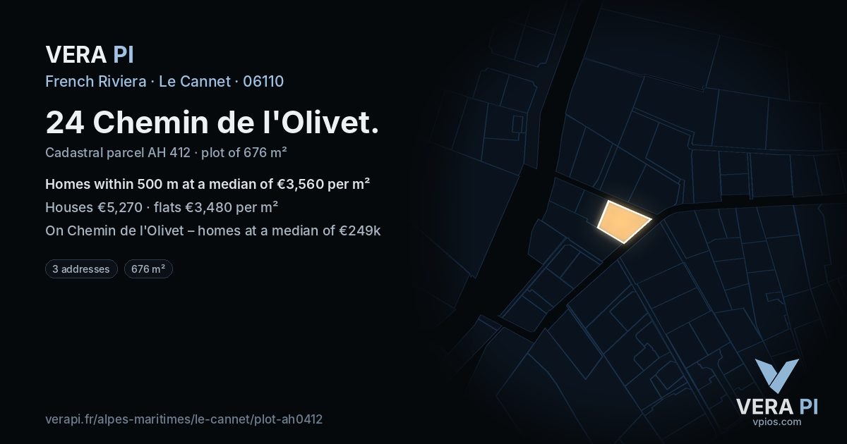 24 Chemin de l'Olivet, Le Cannet at night – the plot lit, the parcels around coloured by the prices near them
