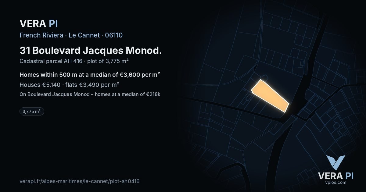 31 Boulevard Jacques Monod, Le Cannet at night – the plot lit, the parcels around coloured by the prices near them