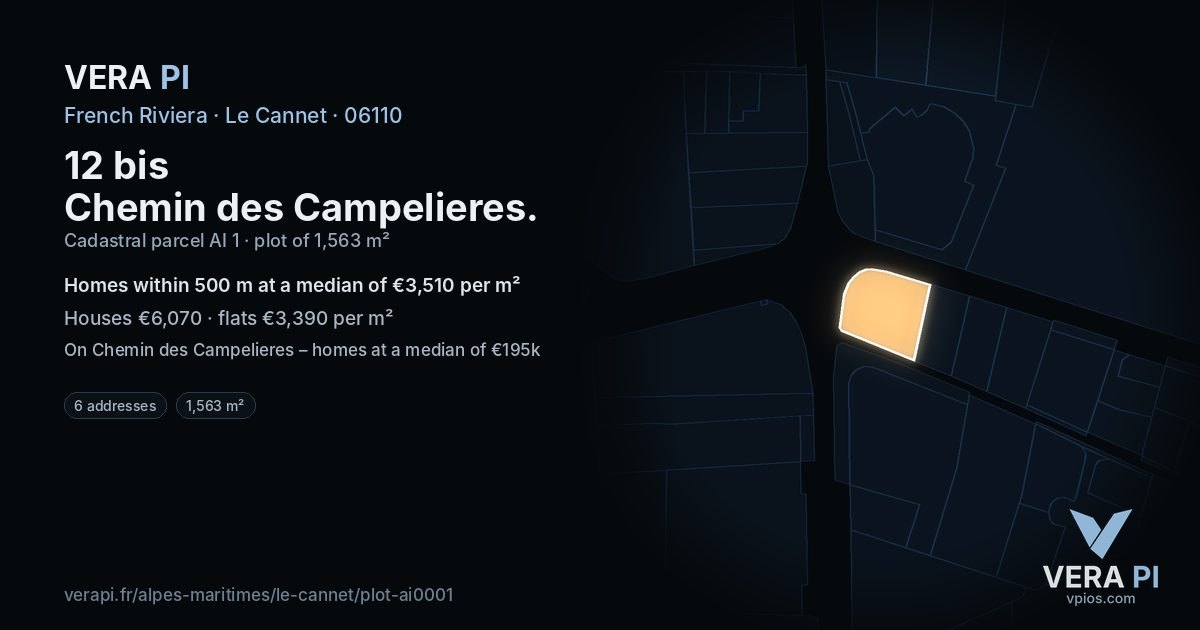 12 bis Chemin des Campelieres, Le Cannet at night – the plot lit, the parcels around coloured by the prices near them