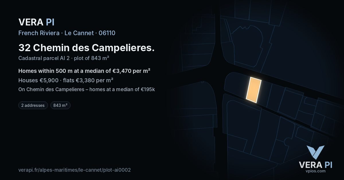 32 Chemin des Campelieres, Le Cannet at night – the plot lit, the parcels around coloured by the prices near them