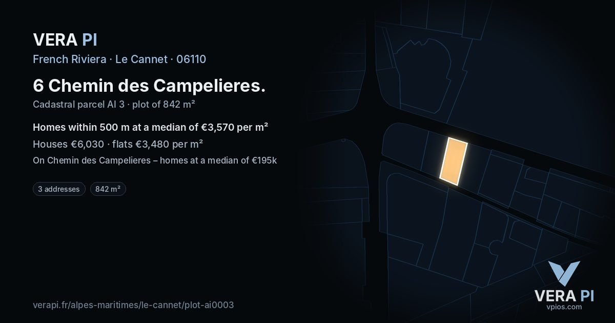 6 Chemin des Campelieres, Le Cannet at night – the plot lit, the parcels around coloured by the prices near them