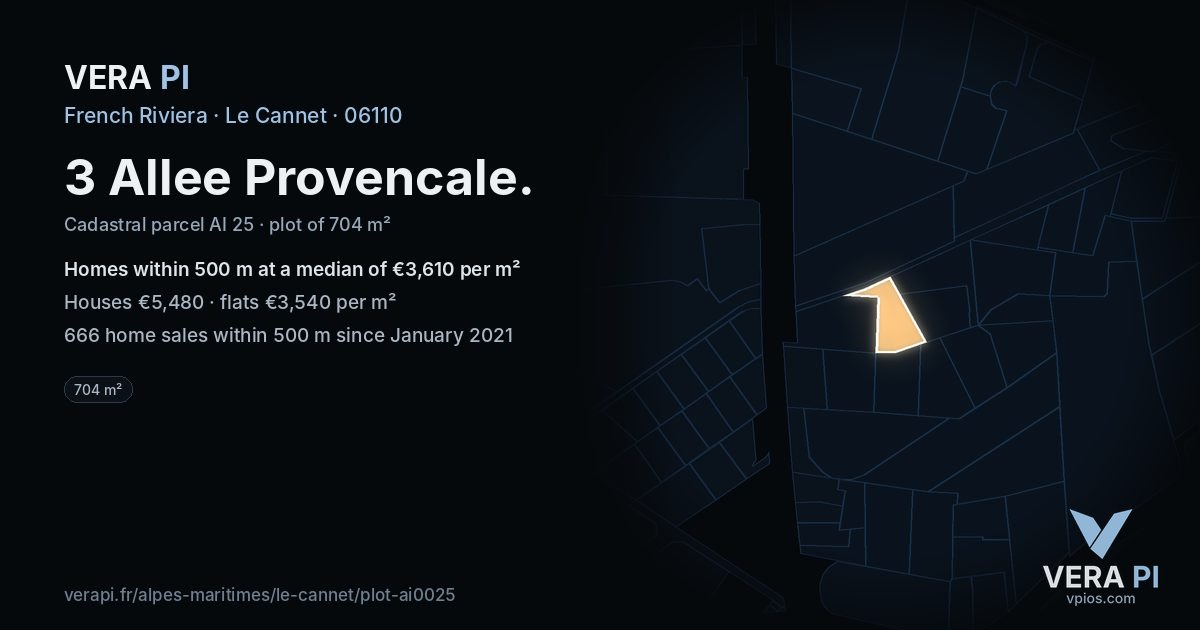 3 Allee Provencale, Le Cannet at night – the plot lit, the parcels around coloured by the prices near them