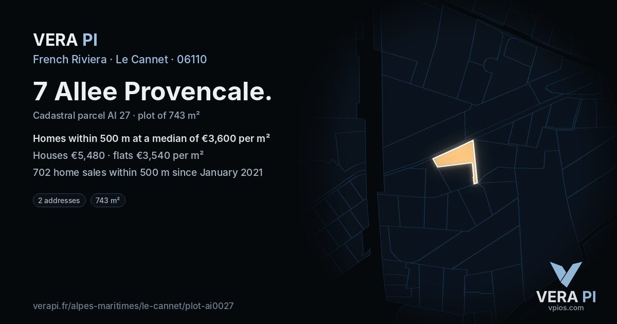 7 Allee Provencale, Le Cannet at night – the plot lit, the parcels around coloured by the prices near them