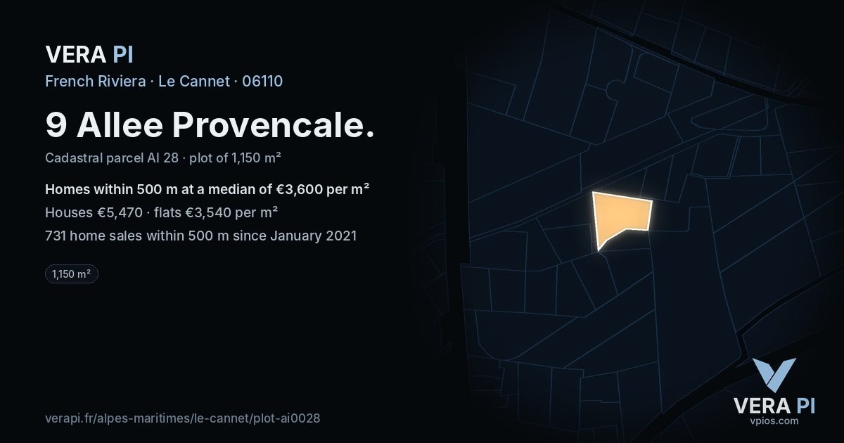 9 Allee Provencale, Le Cannet at night – the plot lit, the parcels around coloured by the prices near them