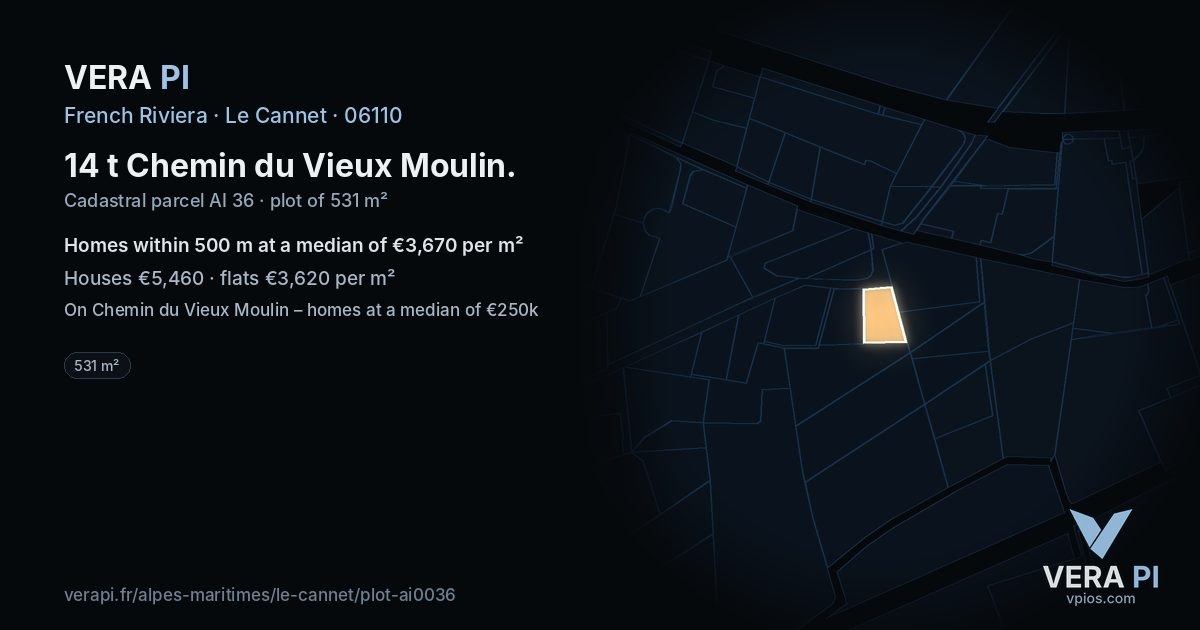 14 t Chemin du Vieux Moulin, Le Cannet at night – the plot lit, the parcels around coloured by the prices near them