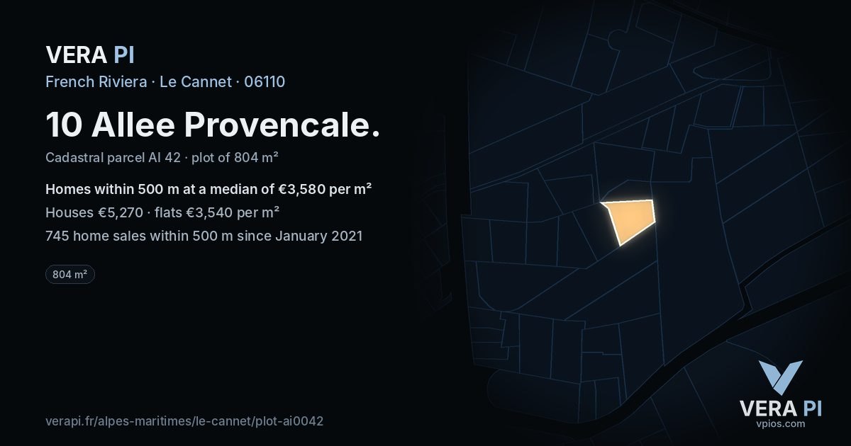 10 Allee Provencale, Le Cannet at night – the plot lit, the parcels around coloured by the prices near them