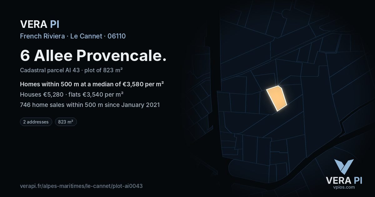 6 Allee Provencale, Le Cannet at night – the plot lit, the parcels around coloured by the prices near them