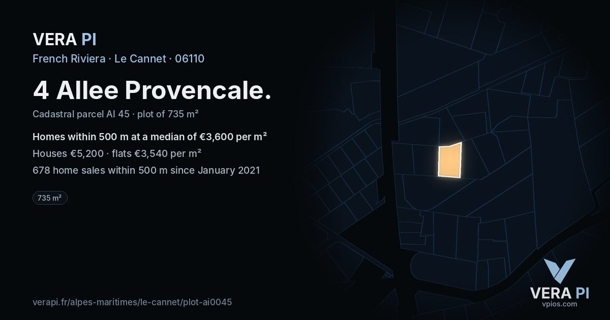 4 Allee Provencale, Le Cannet at night – the plot lit, the parcels around coloured by the prices near them