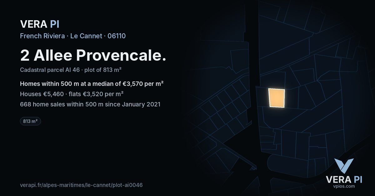 2 Allee Provencale, Le Cannet at night – the plot lit, the parcels around coloured by the prices near them