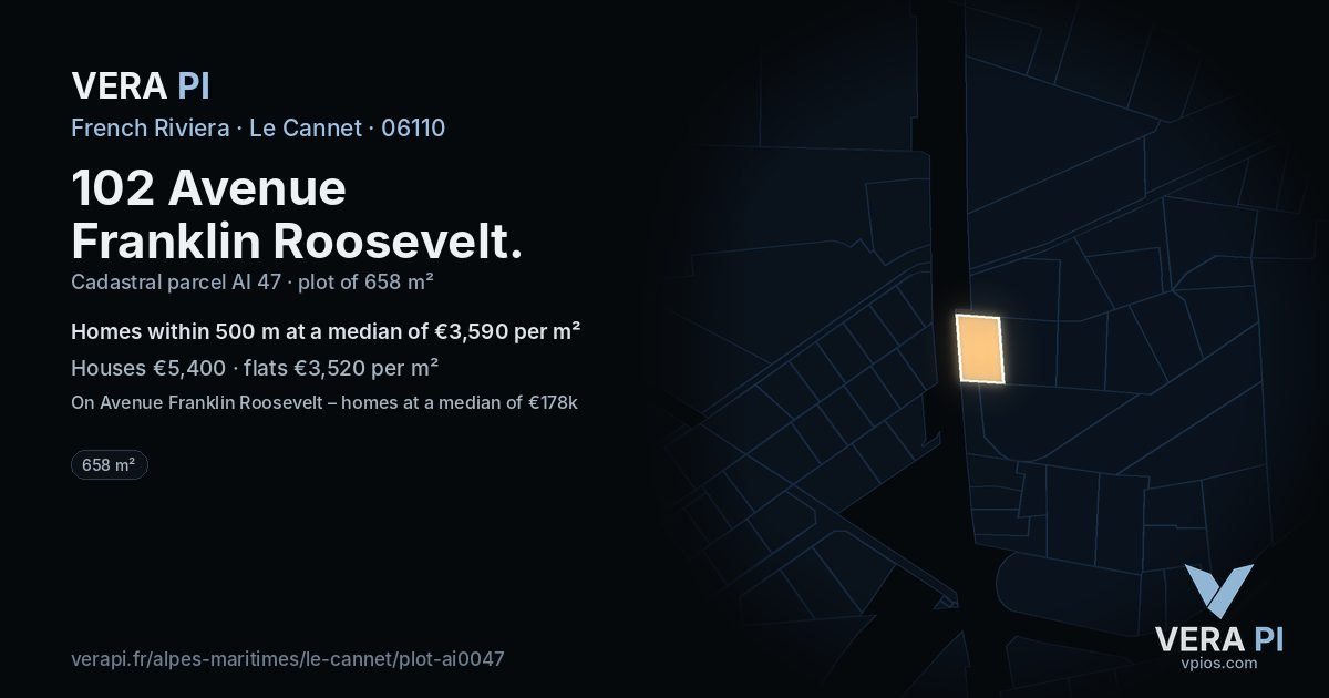 102 Avenue Franklin Roosevelt, Le Cannet at night – the plot lit, the parcels around coloured by the prices near them