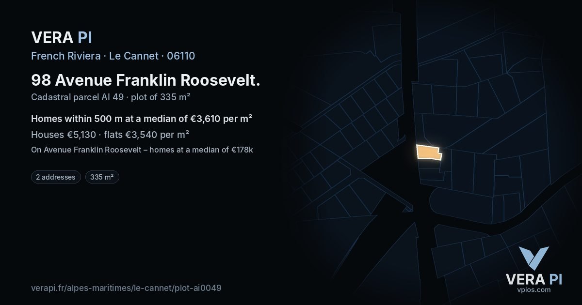 98 Avenue Franklin Roosevelt, Le Cannet at night – the plot lit, the parcels around coloured by the prices near them