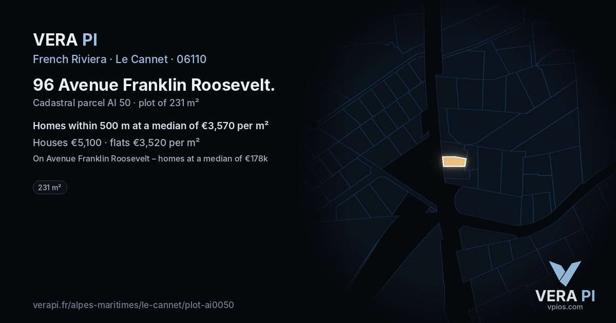 96 Avenue Franklin Roosevelt, Le Cannet at night – the plot lit, the parcels around coloured by the prices near them