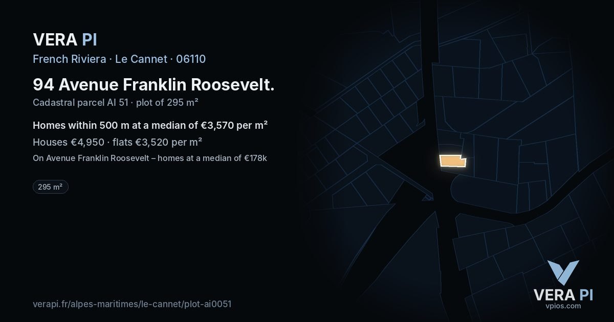 94 Avenue Franklin Roosevelt, Le Cannet at night – the plot lit, the parcels around coloured by the prices near them