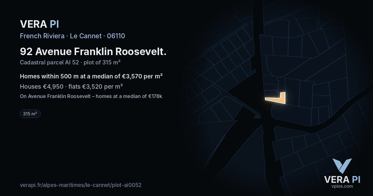 92 Avenue Franklin Roosevelt, Le Cannet at night – the plot lit, the parcels around coloured by the prices near them