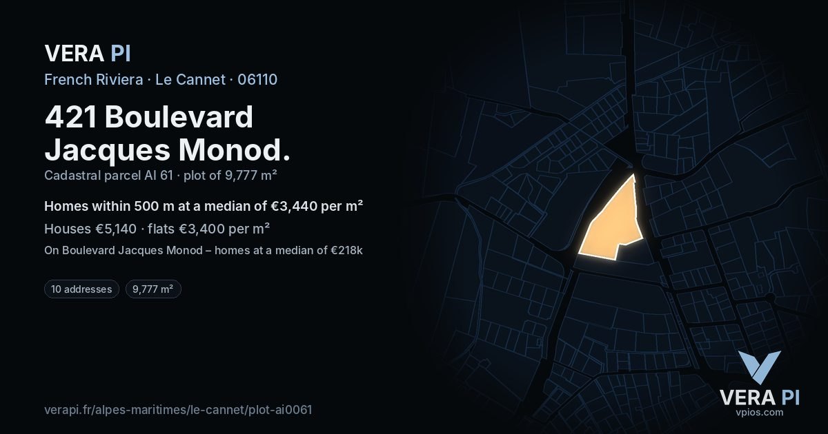 421 Boulevard Jacques Monod, Le Cannet at night – the plot lit, the parcels around coloured by the prices near them