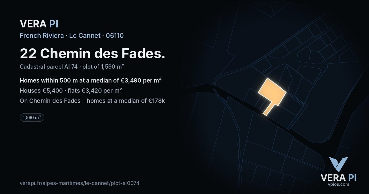 22 Chemin des Fades, Le Cannet at night – the plot lit, the parcels around coloured by the prices near them