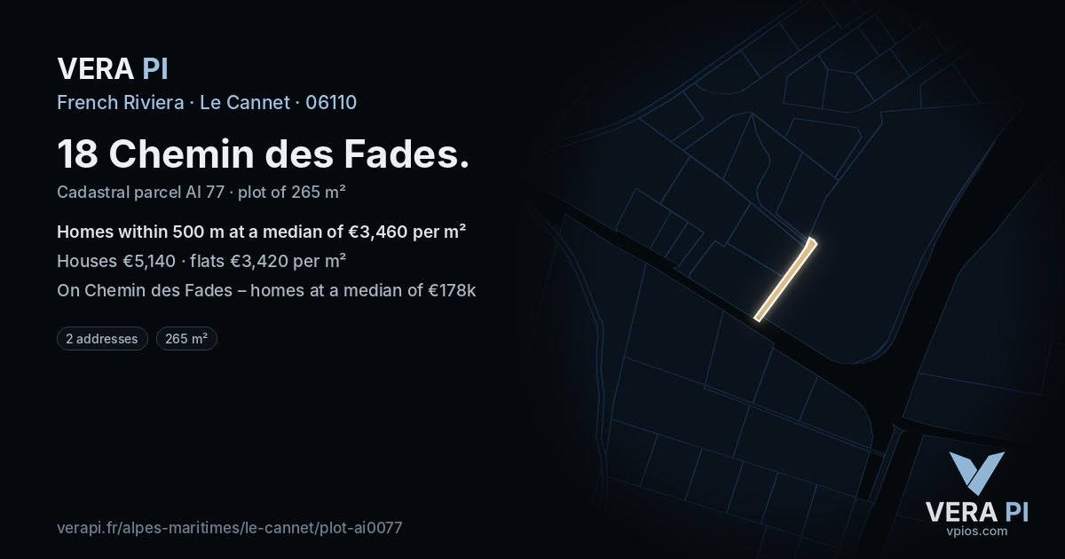 18 Chemin des Fades, Le Cannet at night – the plot lit, the parcels around coloured by the prices near them