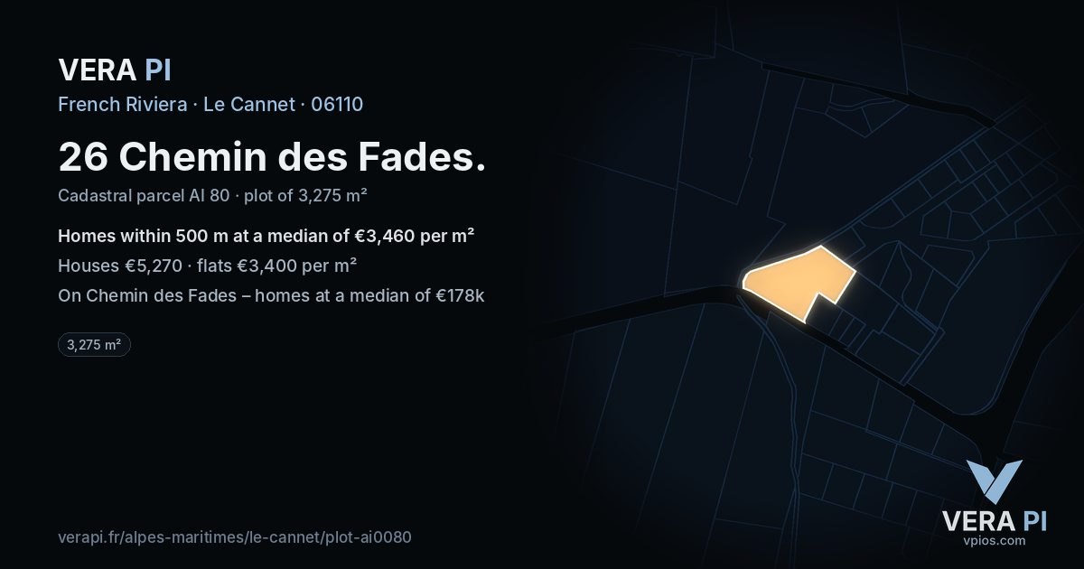 26 Chemin des Fades, Le Cannet at night – the plot lit, the parcels around coloured by the prices near them
