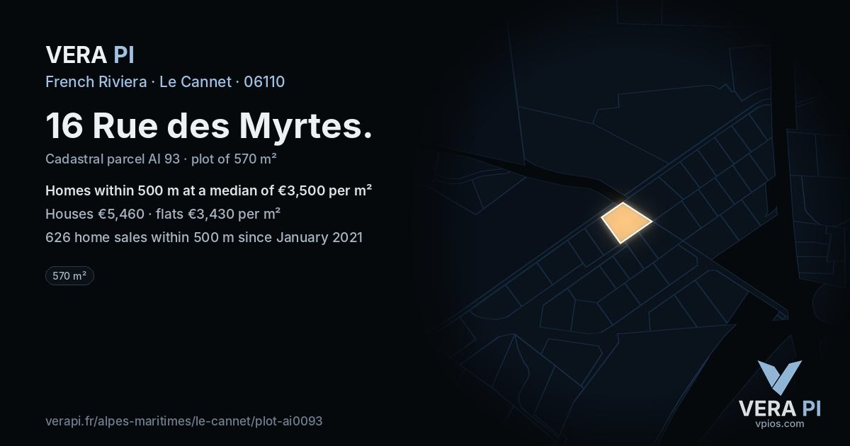 16 Rue des Myrtes, Le Cannet at night – the plot lit, the parcels around coloured by the prices near them