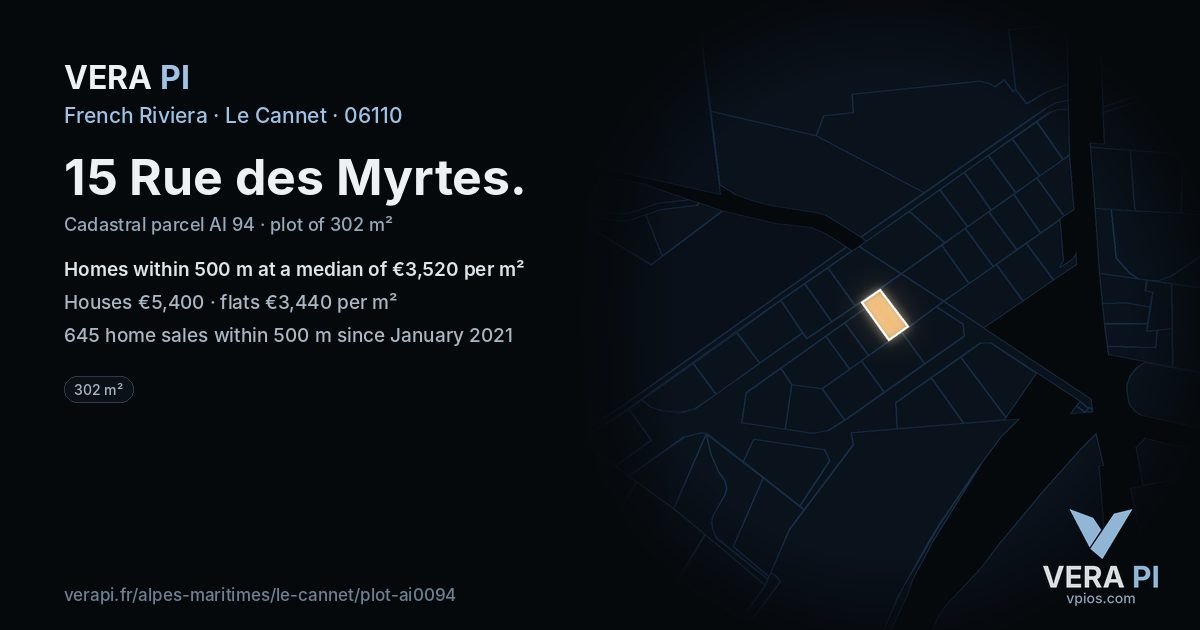 15 Rue des Myrtes, Le Cannet at night – the plot lit, the parcels around coloured by the prices near them