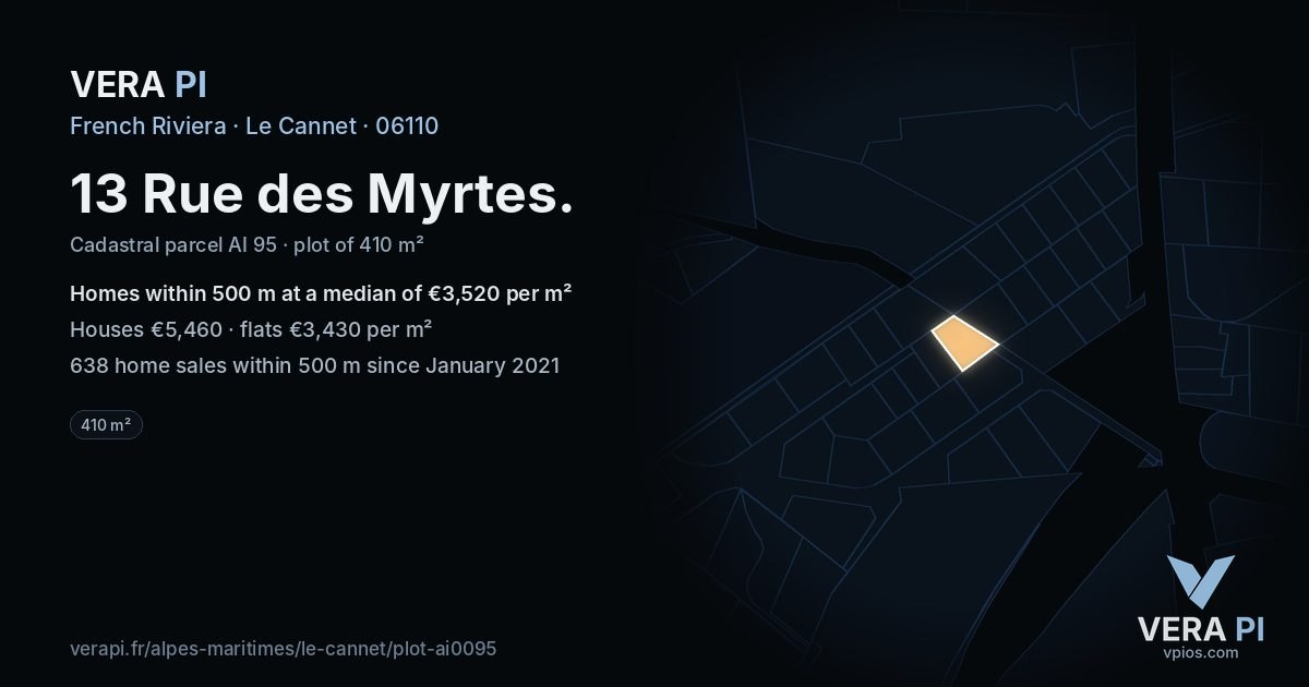 13 Rue des Myrtes, Le Cannet at night – the plot lit, the parcels around coloured by the prices near them