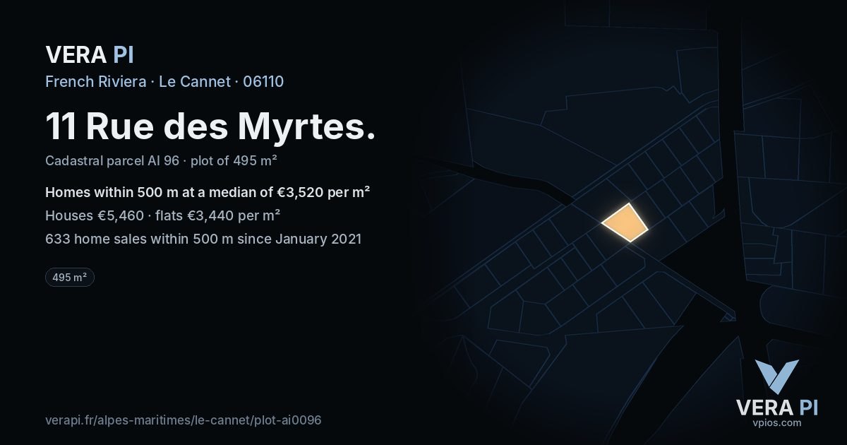11 Rue des Myrtes, Le Cannet at night – the plot lit, the parcels around coloured by the prices near them