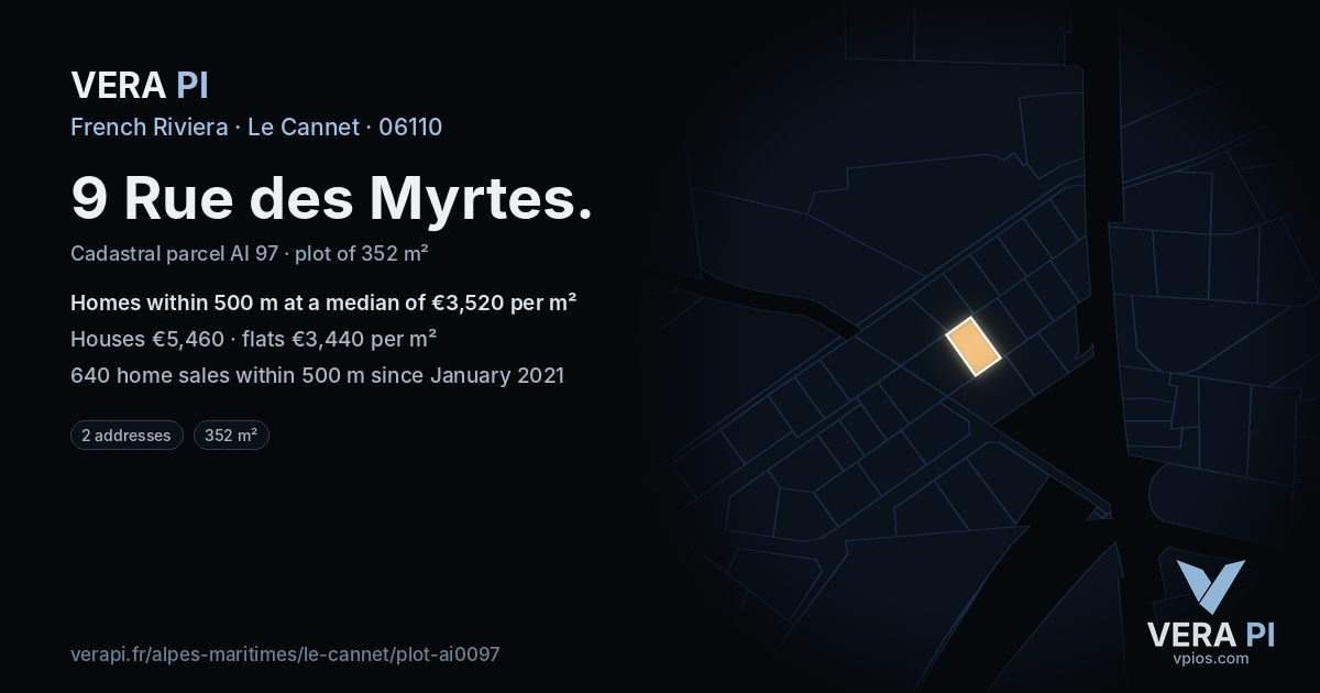 9 Rue des Myrtes, Le Cannet at night – the plot lit, the parcels around coloured by the prices near them