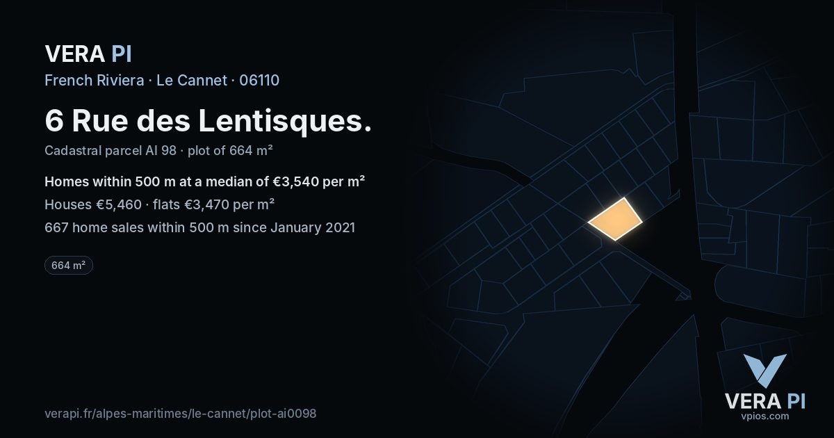 6 Rue des Lentisques, Le Cannet at night – the plot lit, the parcels around coloured by the prices near them