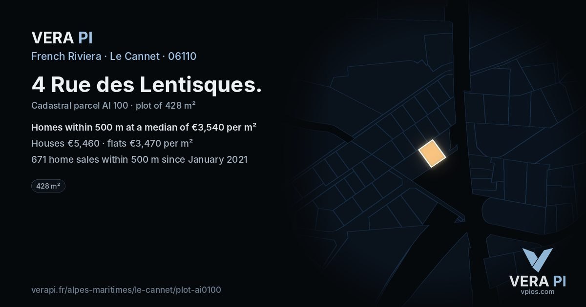 4 Rue des Lentisques, Le Cannet at night – the plot lit, the parcels around coloured by the prices near them
