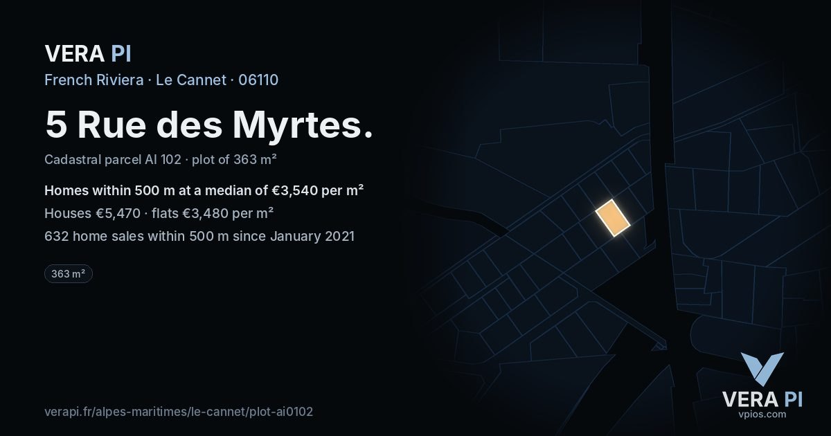 5 Rue des Myrtes, Le Cannet at night – the plot lit, the parcels around coloured by the prices near them