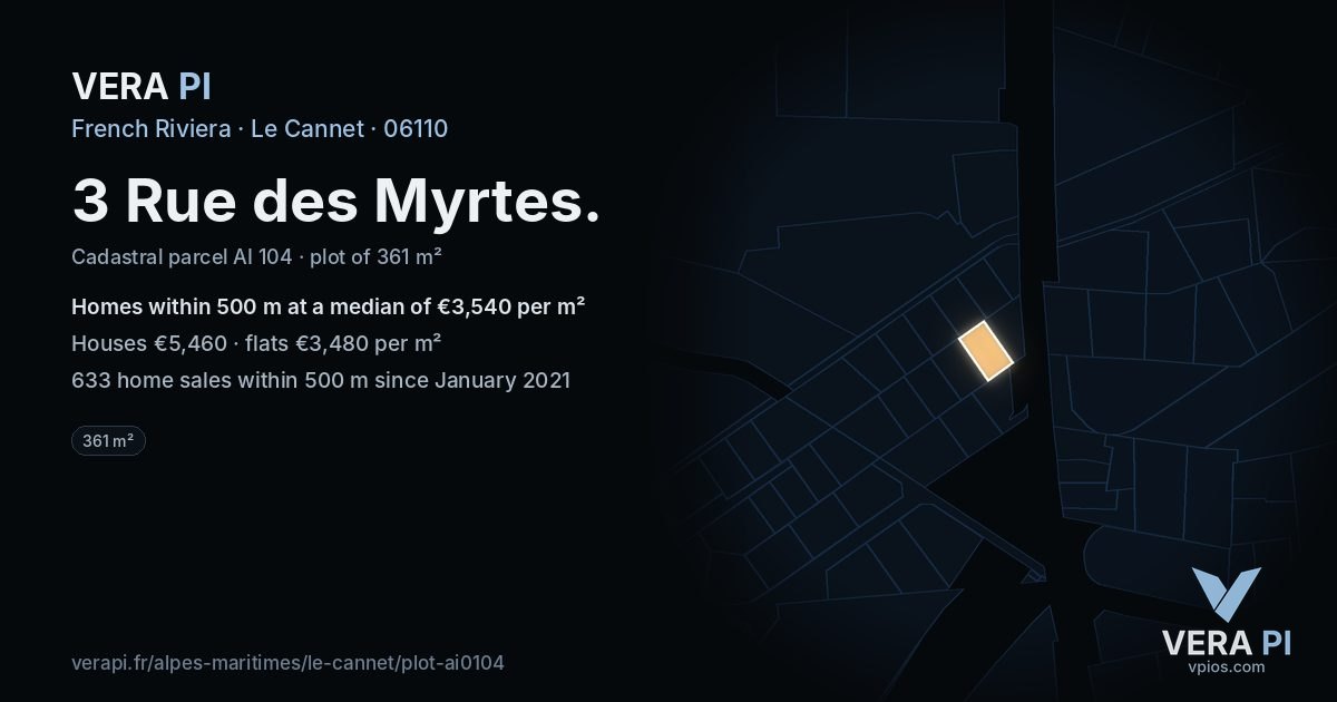3 Rue des Myrtes, Le Cannet at night – the plot lit, the parcels around coloured by the prices near them