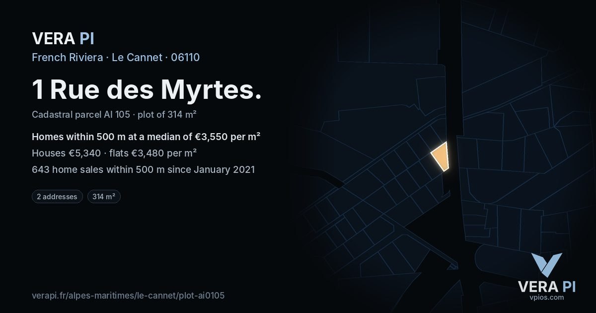 1 Rue des Myrtes, Le Cannet at night – the plot lit, the parcels around coloured by the prices near them