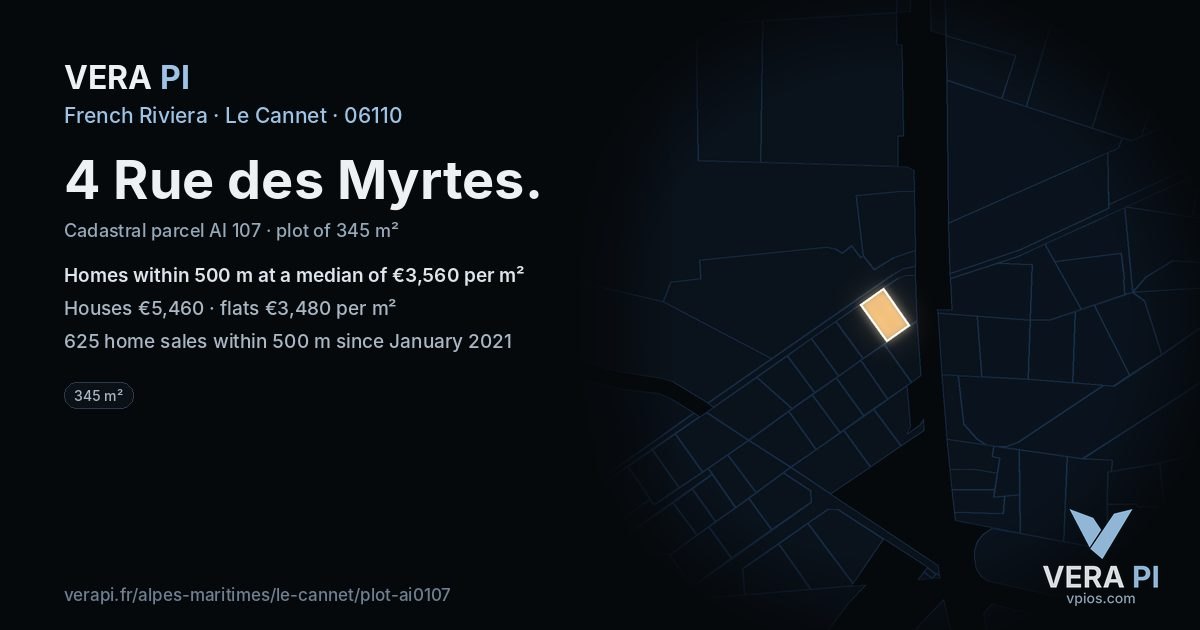 4 Rue des Myrtes, Le Cannet at night – the plot lit, the parcels around coloured by the prices near them