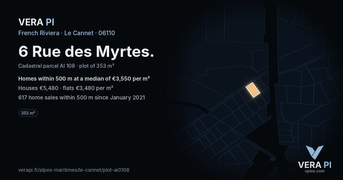 6 Rue des Myrtes, Le Cannet at night – the plot lit, the parcels around coloured by the prices near them