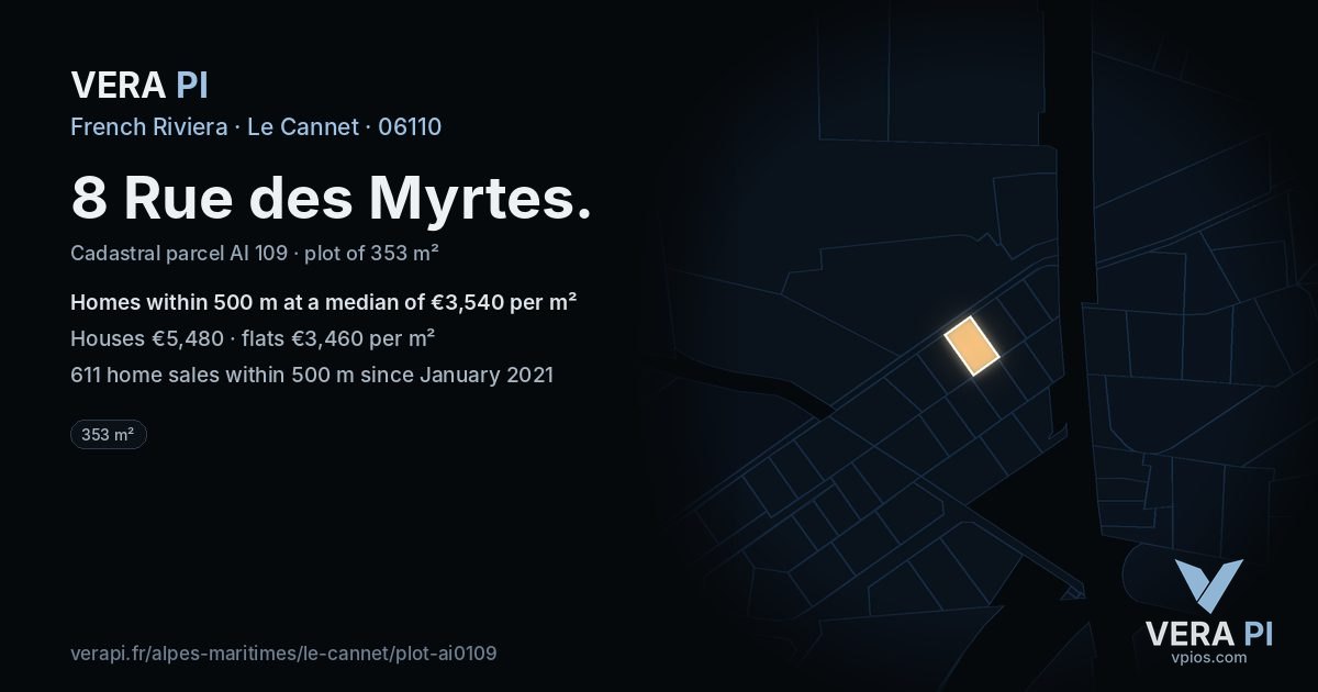 8 Rue des Myrtes, Le Cannet at night – the plot lit, the parcels around coloured by the prices near them
