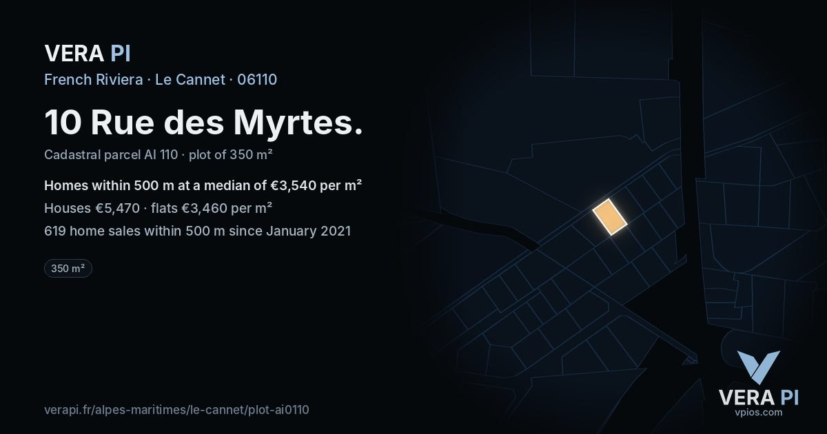 10 Rue des Myrtes, Le Cannet at night – the plot lit, the parcels around coloured by the prices near them