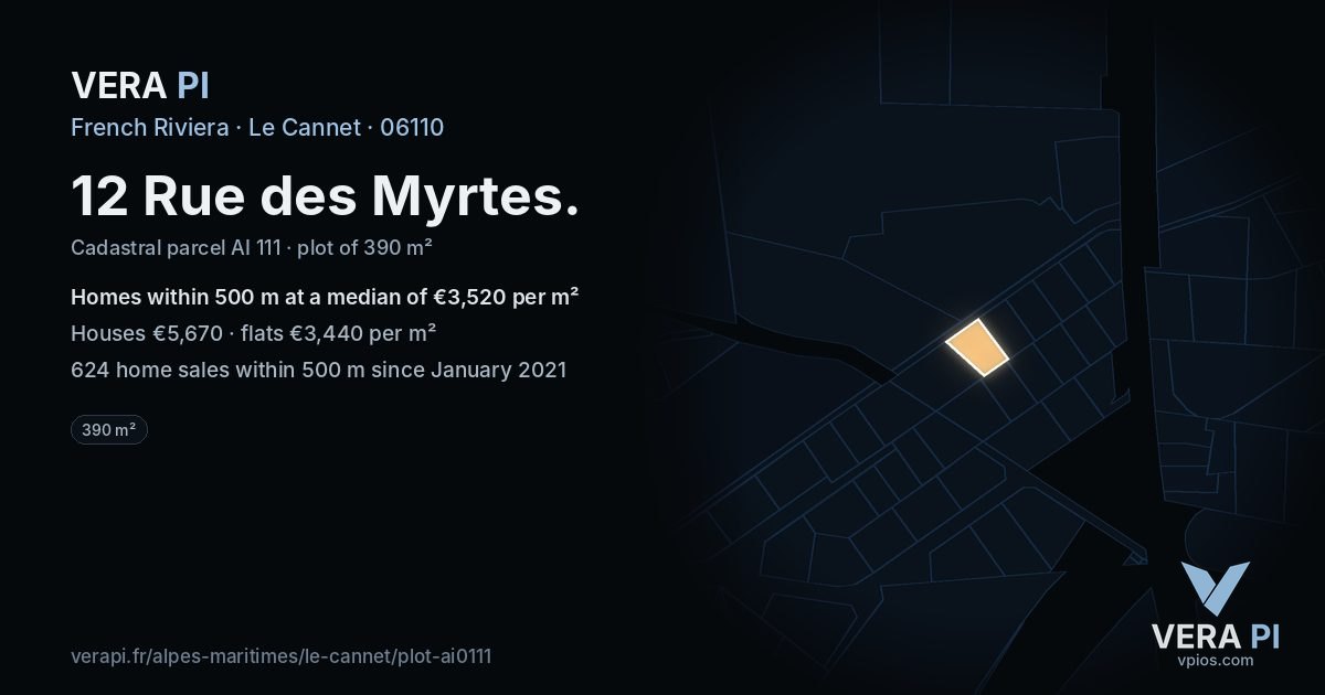 12 Rue des Myrtes, Le Cannet at night – the plot lit, the parcels around coloured by the prices near them