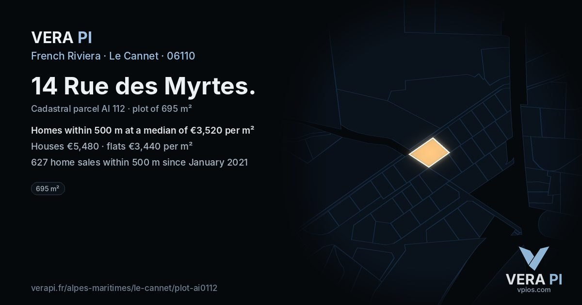14 Rue des Myrtes, Le Cannet at night – the plot lit, the parcels around coloured by the prices near them