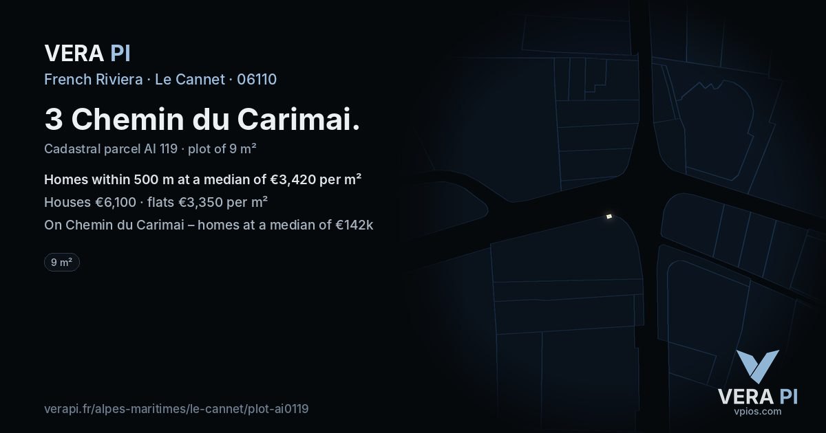 3 Chemin du Carimai, Le Cannet at night – the plot lit, the parcels around coloured by the prices near them