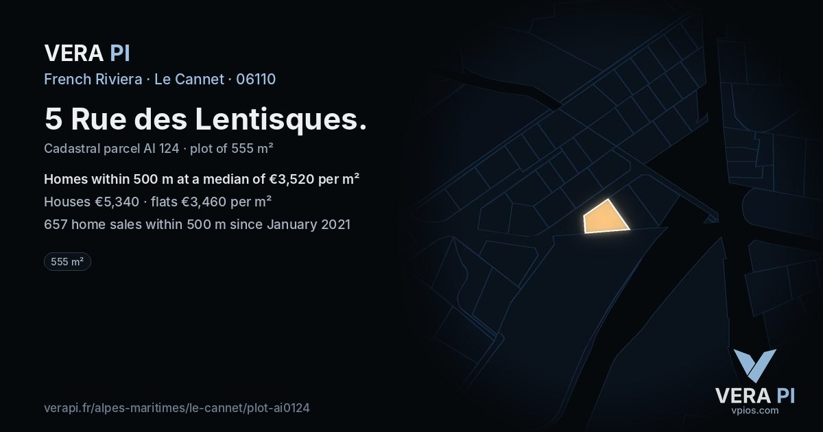 5 Rue des Lentisques, Le Cannet at night – the plot lit, the parcels around coloured by the prices near them
