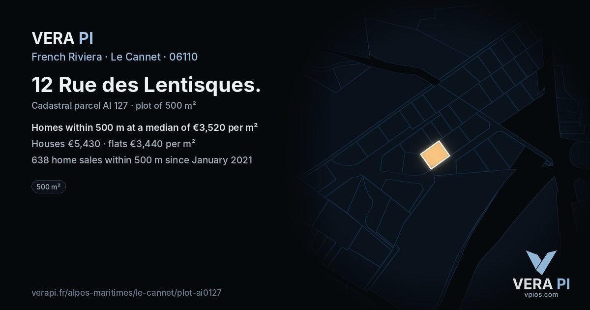 12 Rue des Lentisques, Le Cannet at night – the plot lit, the parcels around coloured by the prices near them