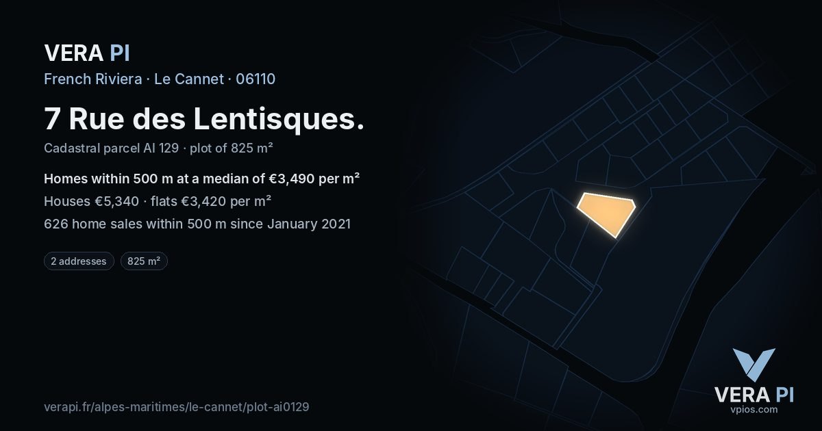7 Rue des Lentisques, Le Cannet at night – the plot lit, the parcels around coloured by the prices near them