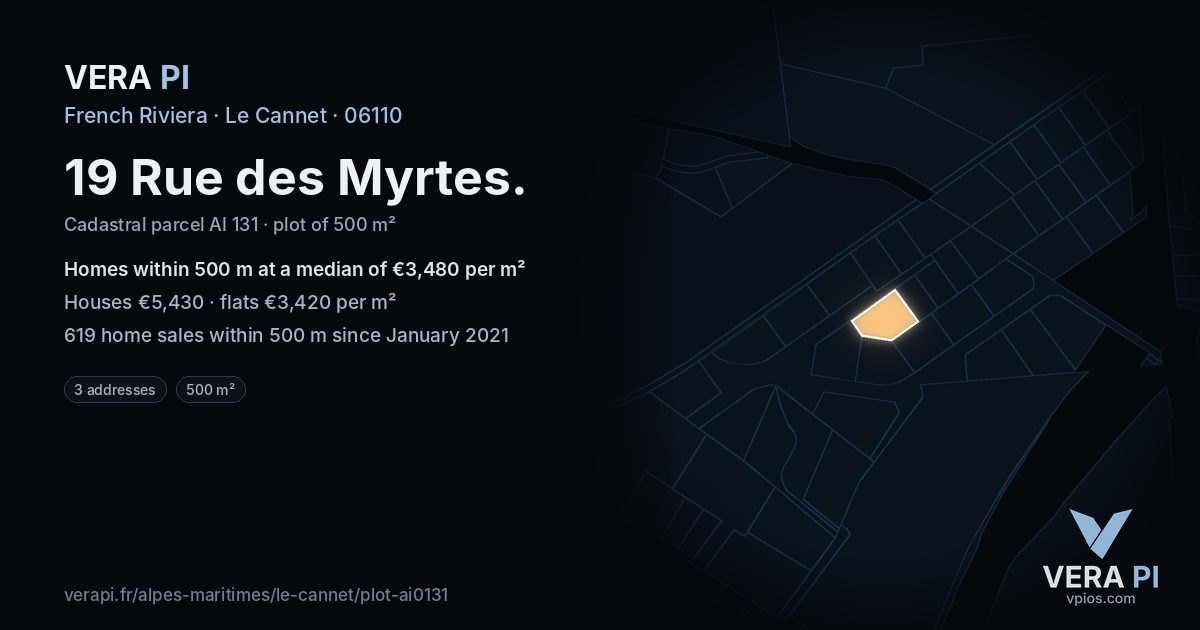 19 Rue des Myrtes, Le Cannet at night – the plot lit, the parcels around coloured by the prices near them
