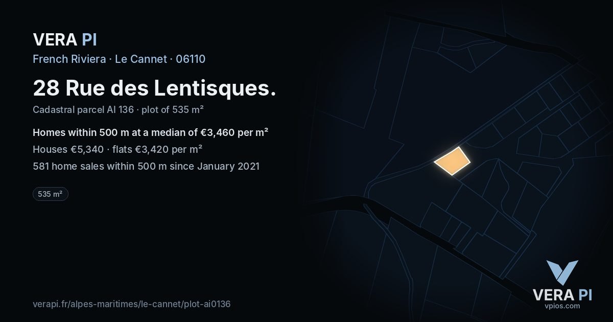 28 Rue des Lentisques, Le Cannet at night – the plot lit, the parcels around coloured by the prices near them