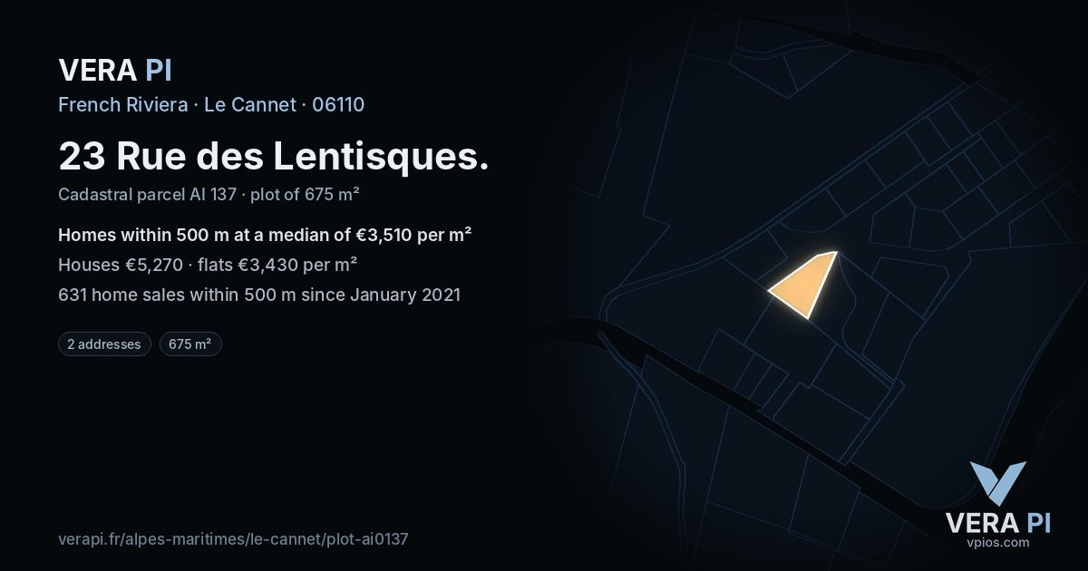 23 Rue des Lentisques, Le Cannet at night – the plot lit, the parcels around coloured by the prices near them