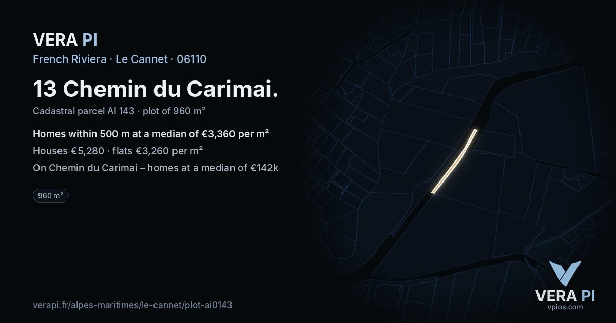 13 Chemin du Carimai, Le Cannet at night – the plot lit, the parcels around coloured by the prices near them