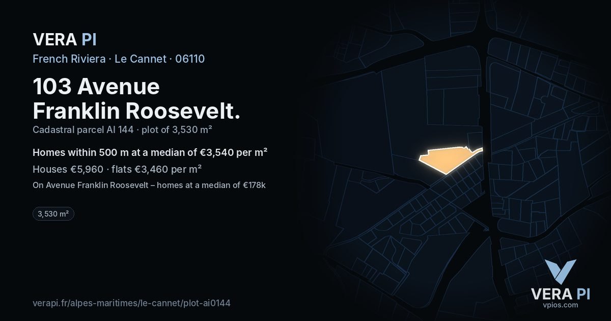 103 Avenue Franklin Roosevelt, Le Cannet at night – the plot lit, the parcels around coloured by the prices near them